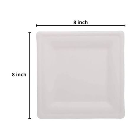 8 Inch Baggase Plates Square Pack of 50 – Heavy Duty Eco-Friendly White Serving Plate | Single-Use Food Plate