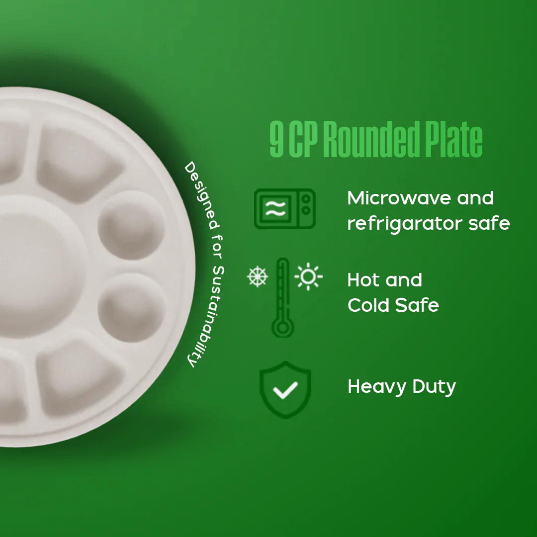 9 Compartment Disposable Food Tray | Eco-Friendly Sugarcane Pulp Party & Meal Plate