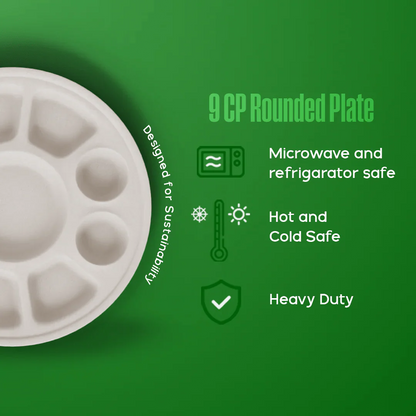 9 Compartment Disposable Food Tray | Eco-Friendly Sugarcane Pulp Party & Meal Plate